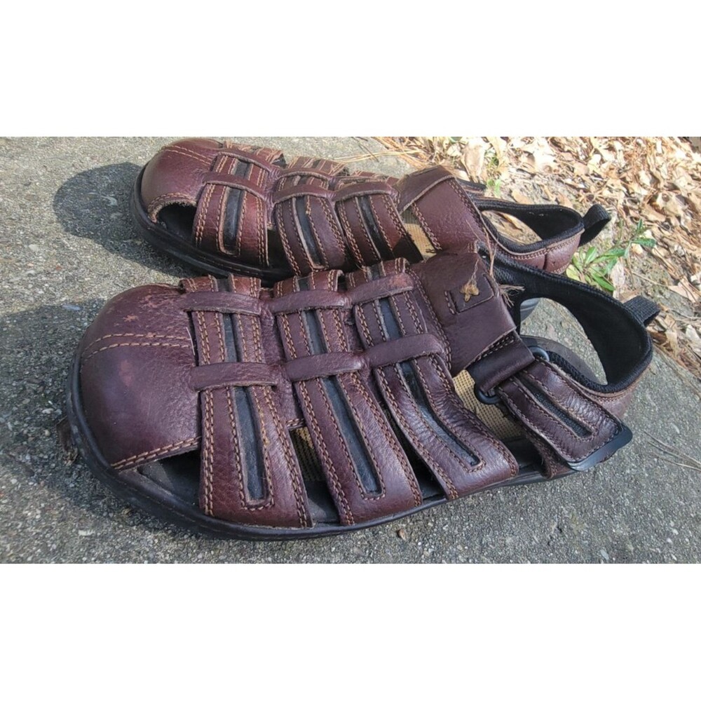 Mens brown leather Fisherman Sandals Rubber sole w adjustable strap size US 11